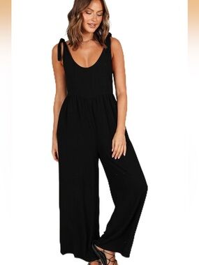 Petal & Pup Black Tie-Shoulder Wide-Leg Jumpsuit
